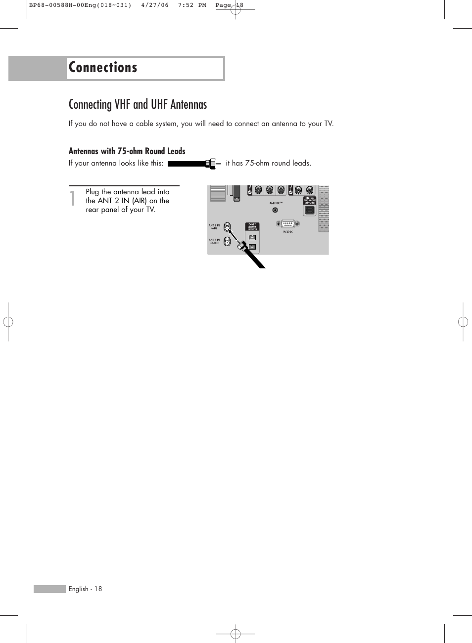 Connecting vhf and uhf antennas, Connections | Samsung HL-S6188W User Manual | Page 18 / 160