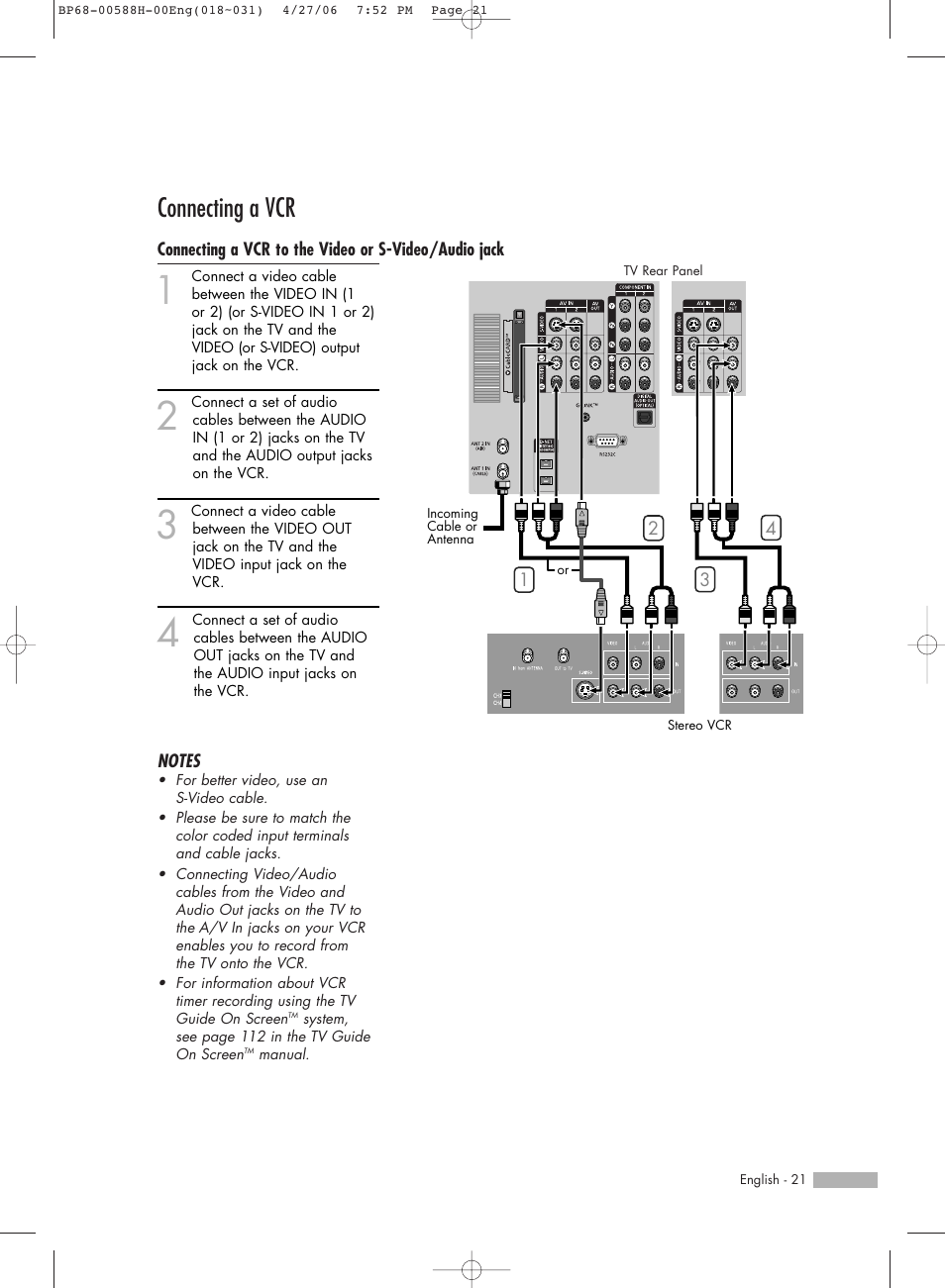Connecting a vcr | Samsung HL-S6188W User Manual | Page 21 / 160