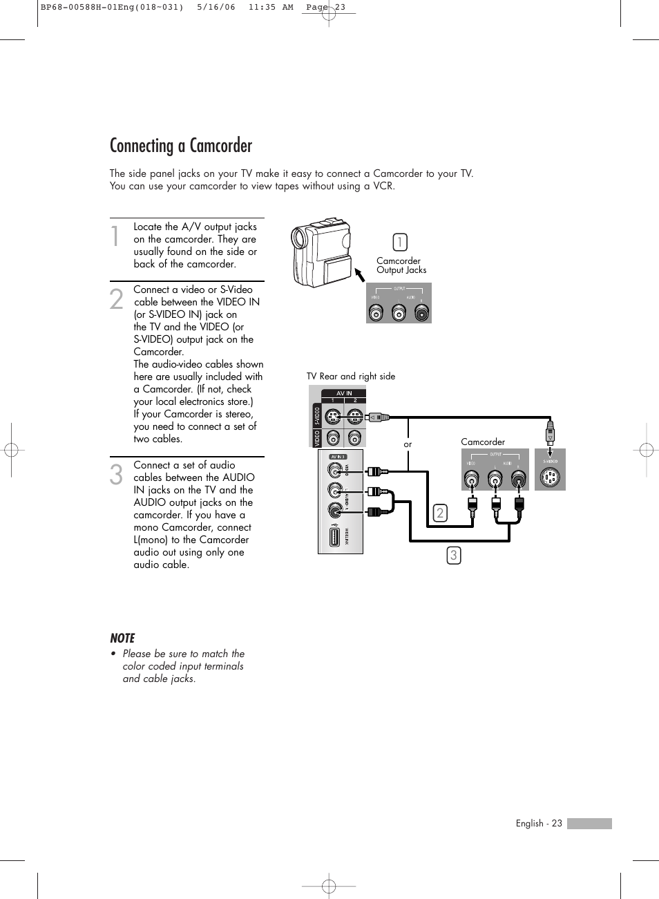 Connecting a camcorder | Samsung HL-S6188W User Manual | Page 23 / 160