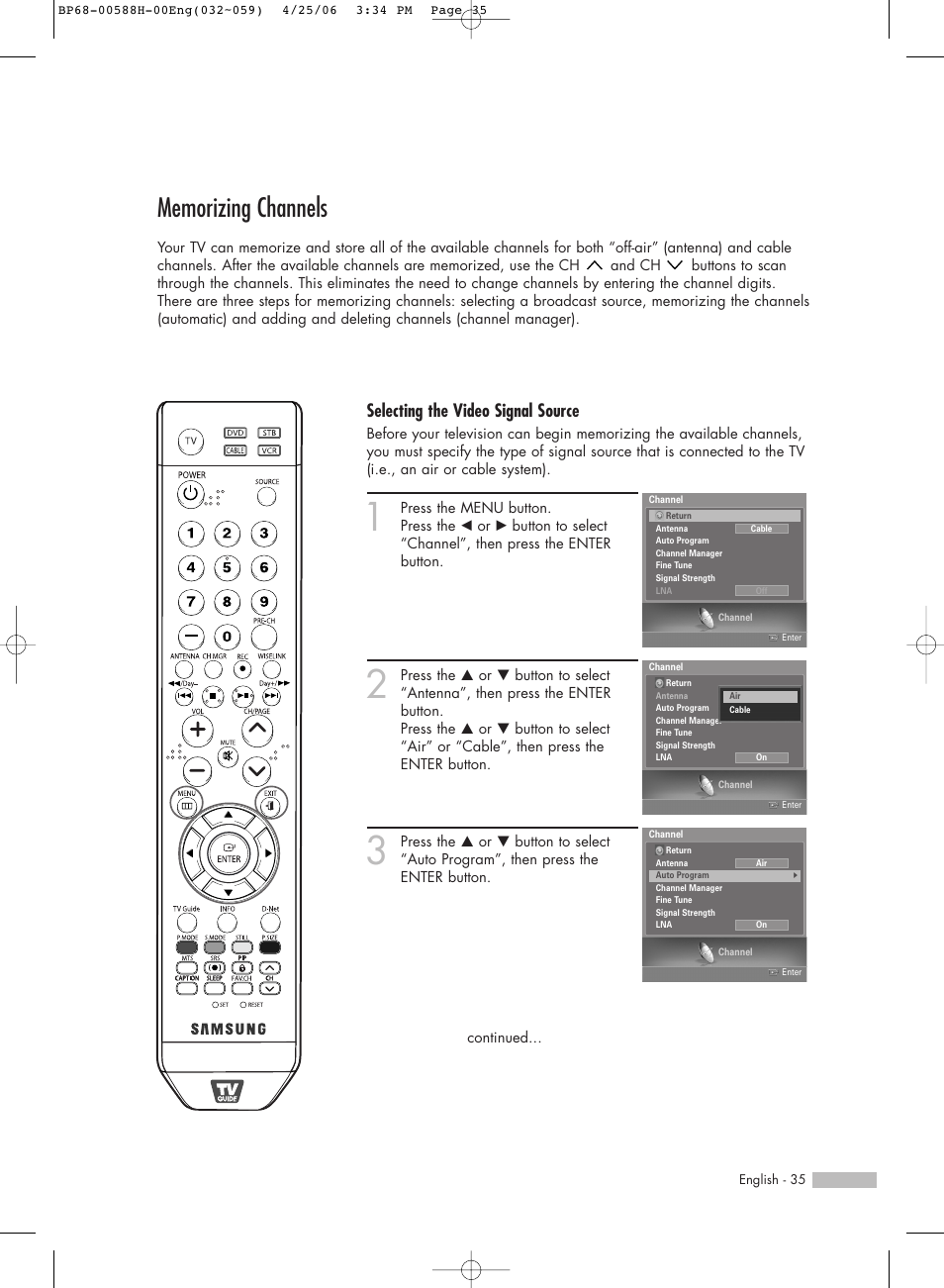 Memorizing channels, Selecting the video signal source | Samsung HL-S6188W User Manual | Page 35 / 160