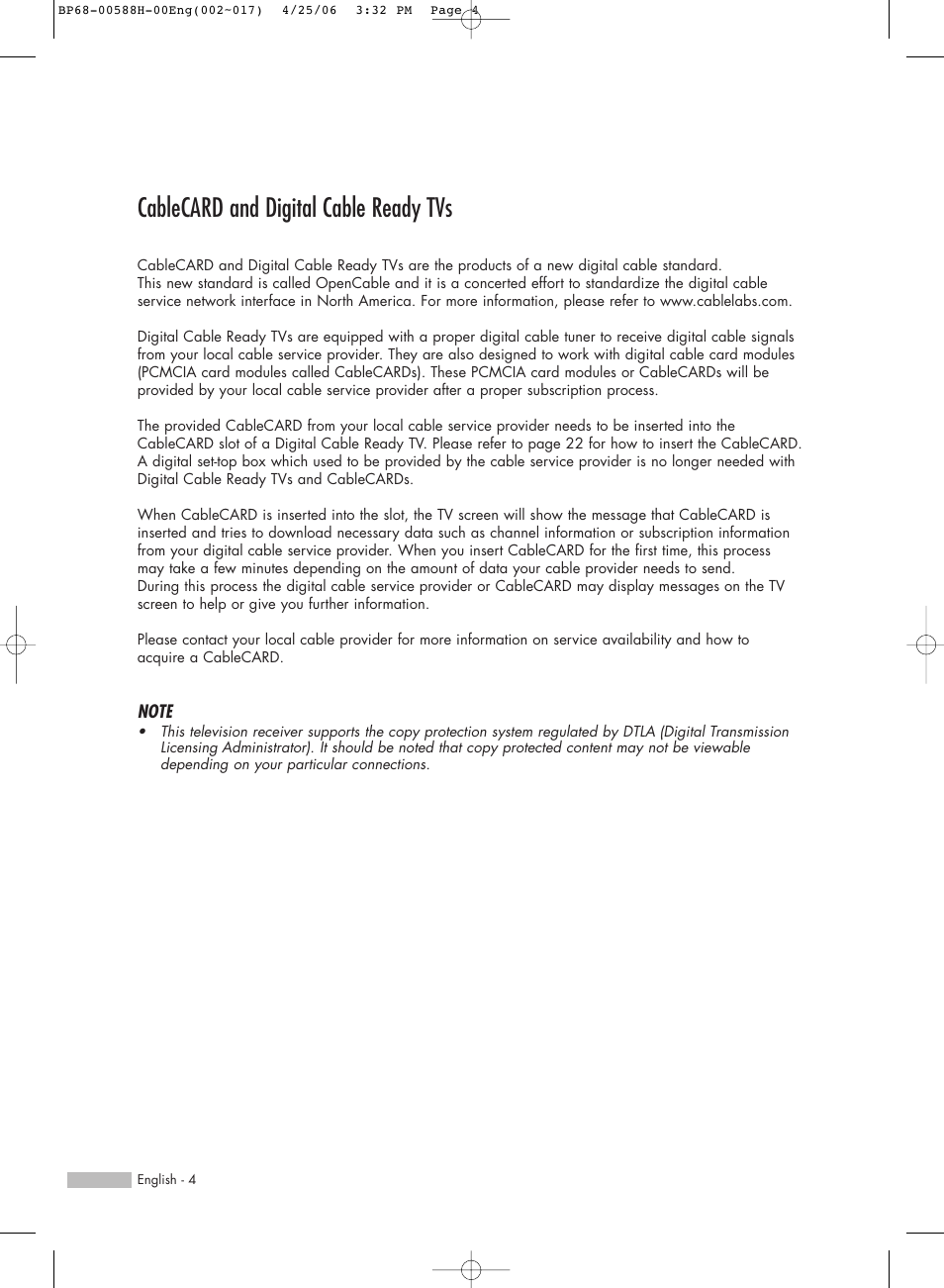 Cablecard and digital cable ready tvs | Samsung HL-S6188W User Manual | Page 4 / 160