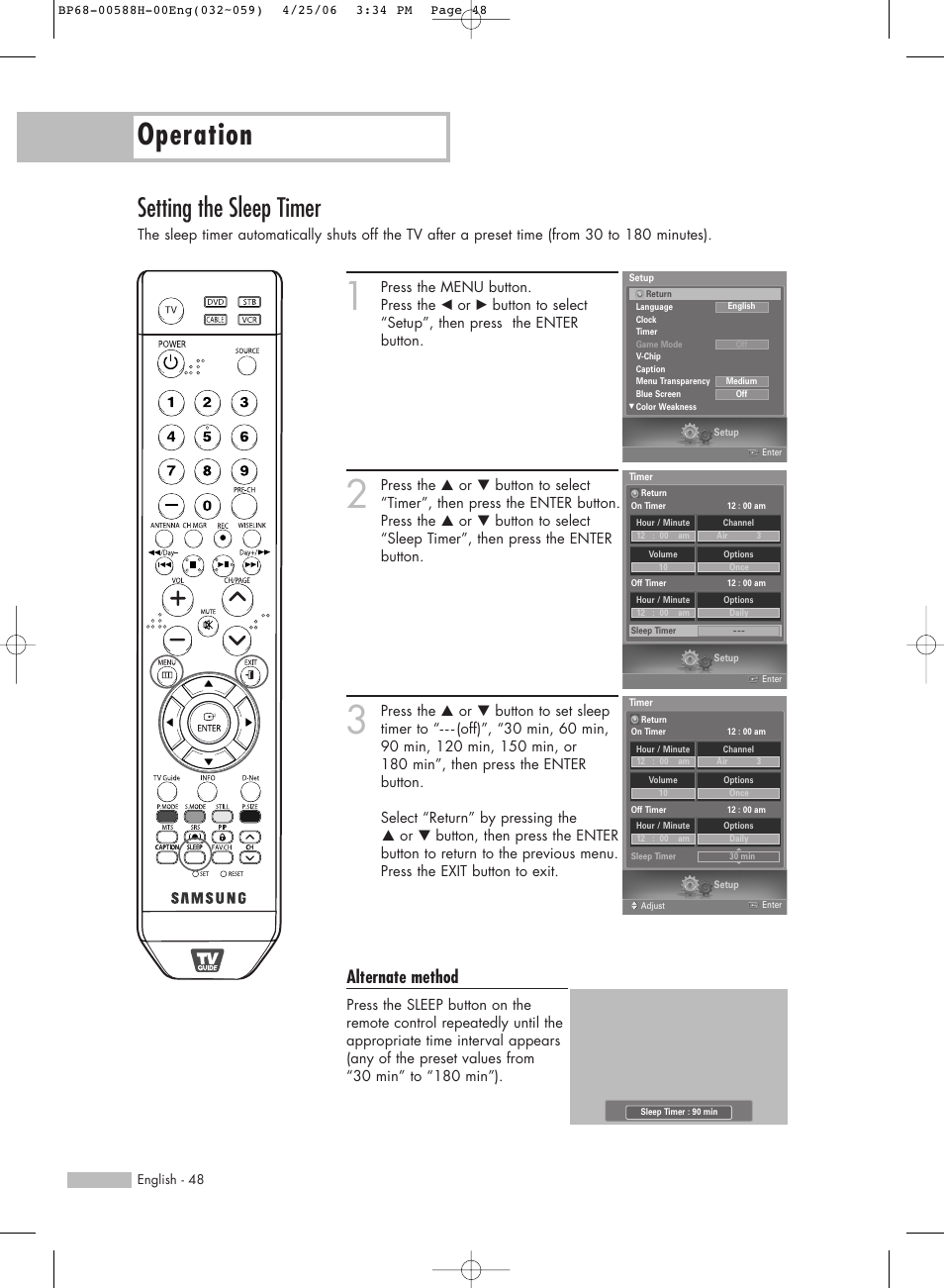 Setting the sleep timer, Operation, Alternate method | Samsung HL-S6188W User Manual | Page 48 / 160