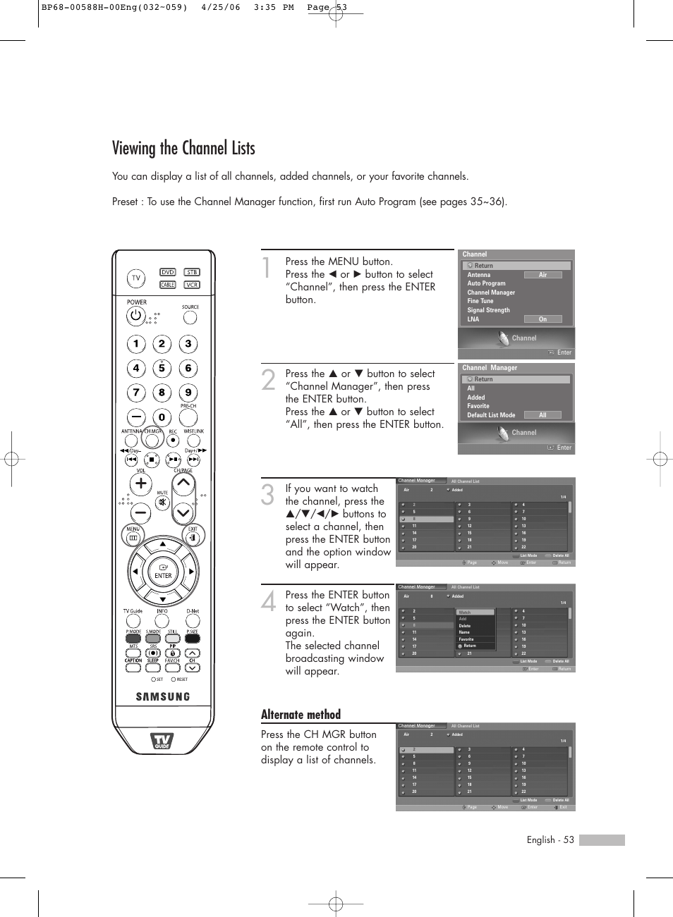 Viewing the channel lists, Alternate method, English - 53 | Samsung HL-S6188W User Manual | Page 53 / 160