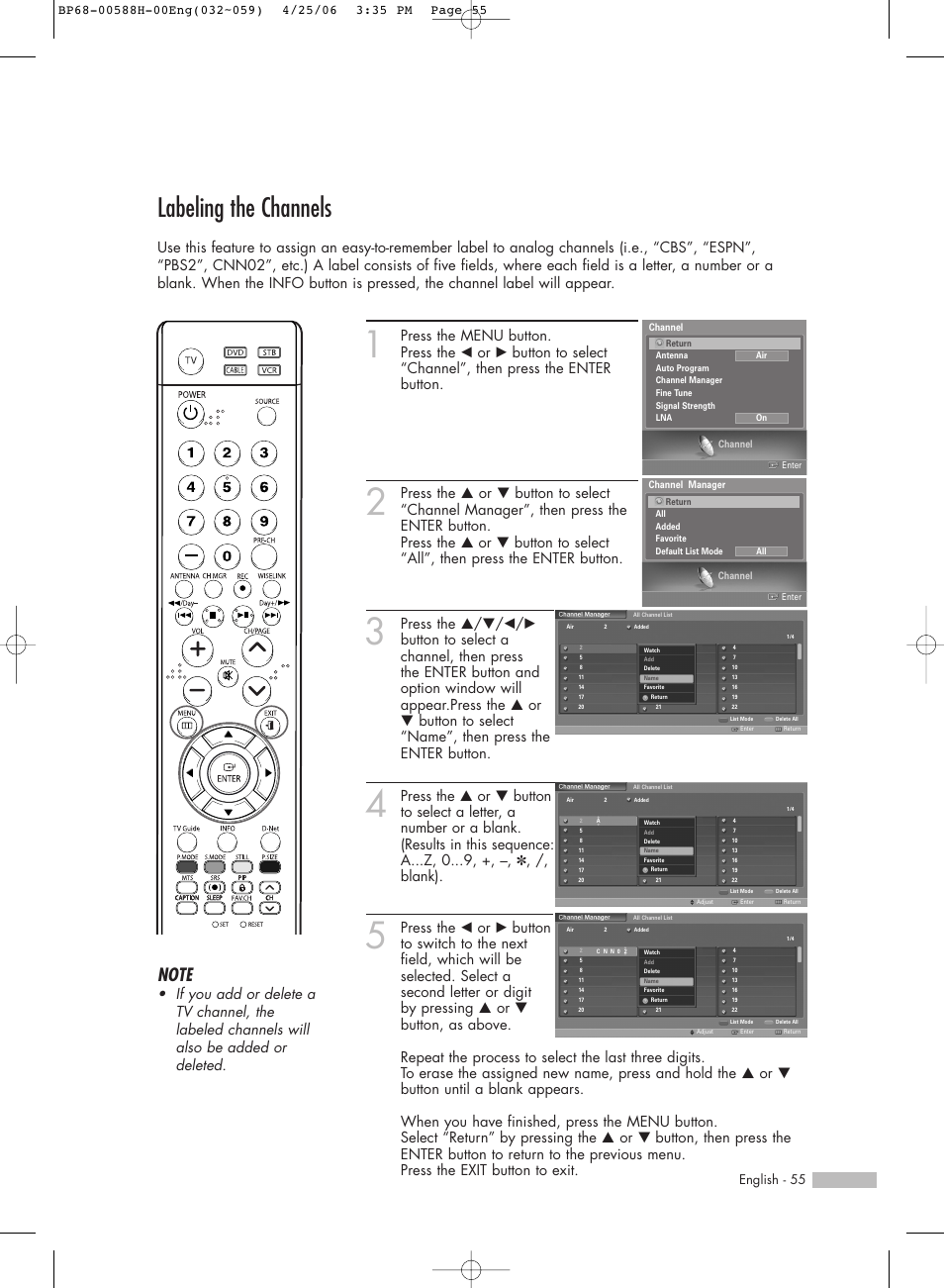 Labeling the channels, English - 55 | Samsung HL-S6188W User Manual | Page 55 / 160