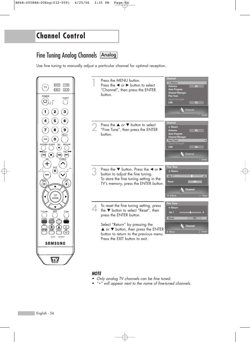Fine tuning analog channels, Channel control, Analog | Samsung HL-S6188W User Manual | Page 56 / 160