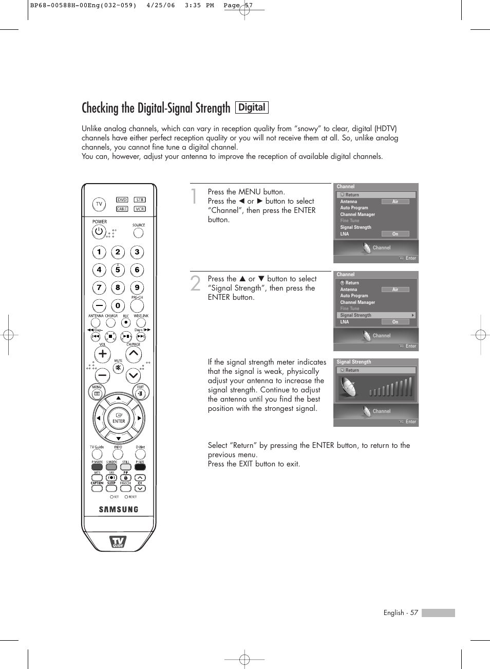 Checking the digital-signal strength, Digital | Samsung HL-S6188W User Manual | Page 57 / 160
