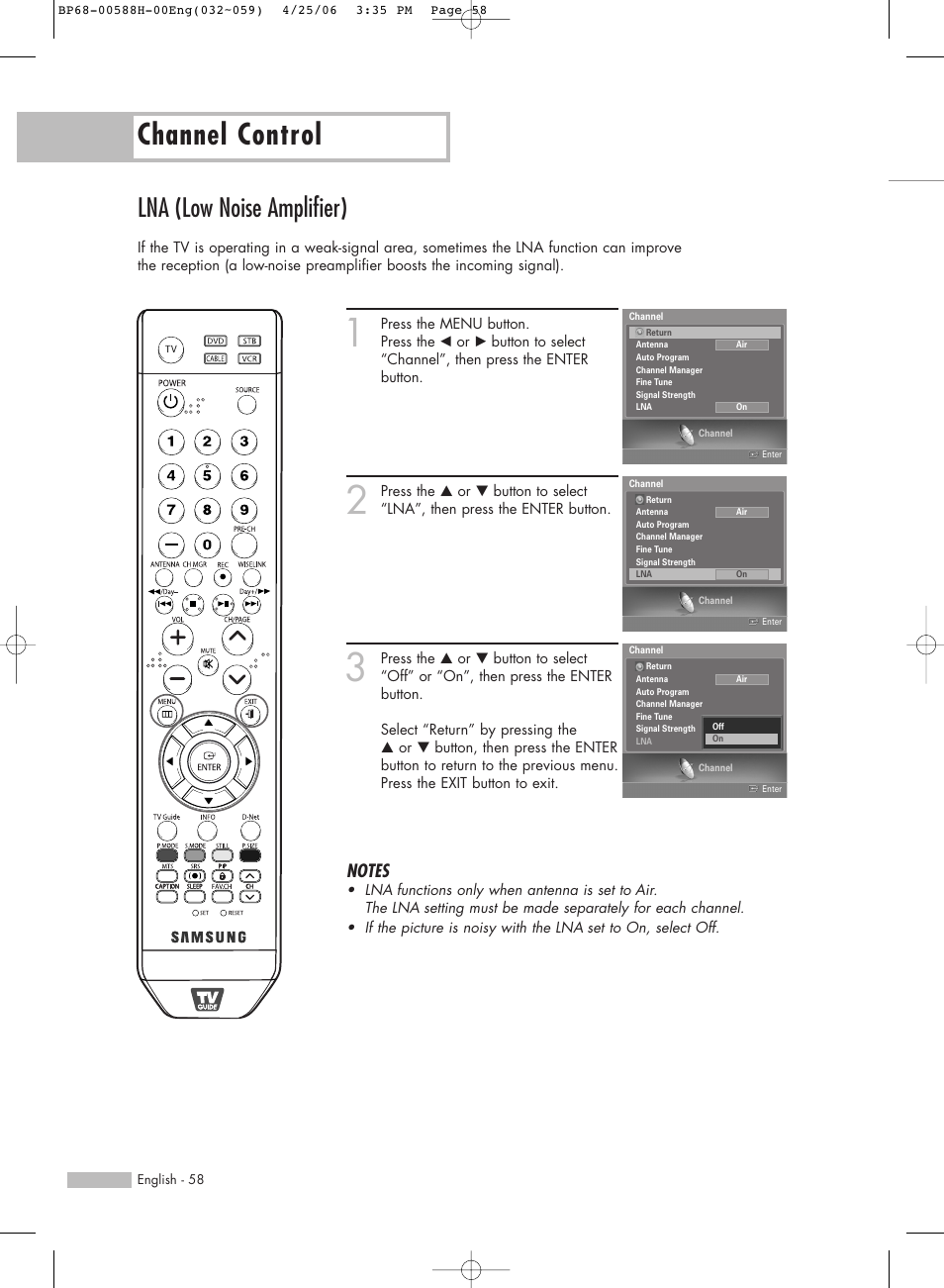 Lna (low noise amplifier), Channel control | Samsung HL-S6188W User Manual | Page 58 / 160