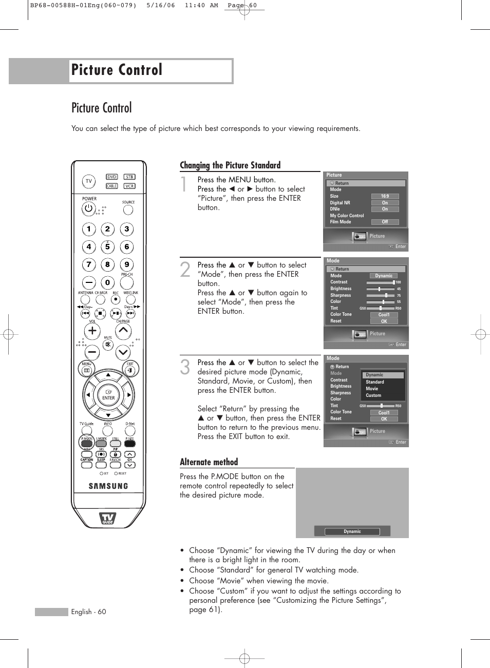 Picture control, Changing the picture standard, Alternate method | Samsung HL-S6188W User Manual | Page 60 / 160