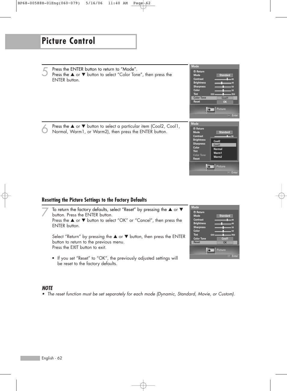 Picture control | Samsung HL-S6188W User Manual | Page 62 / 160
