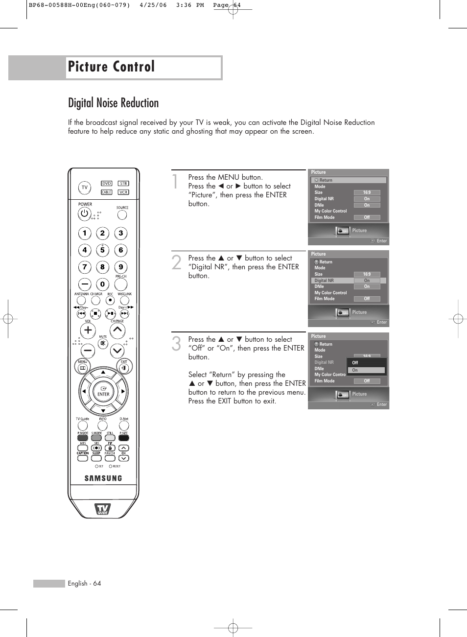 Digital noise reduction, Picture control | Samsung HL-S6188W User Manual | Page 64 / 160