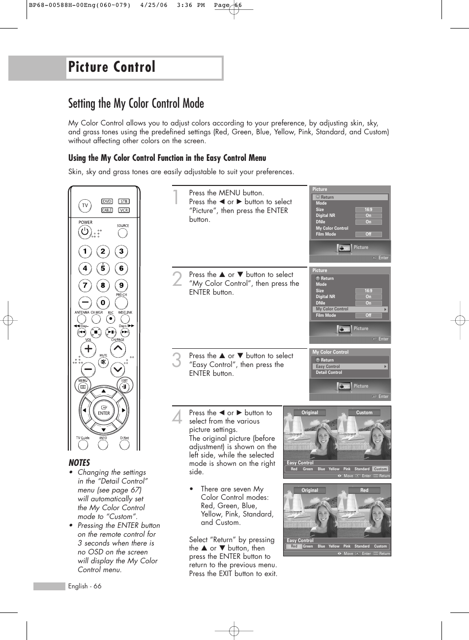 Setting the my color control mode, Picture control | Samsung HL-S6188W User Manual | Page 66 / 160