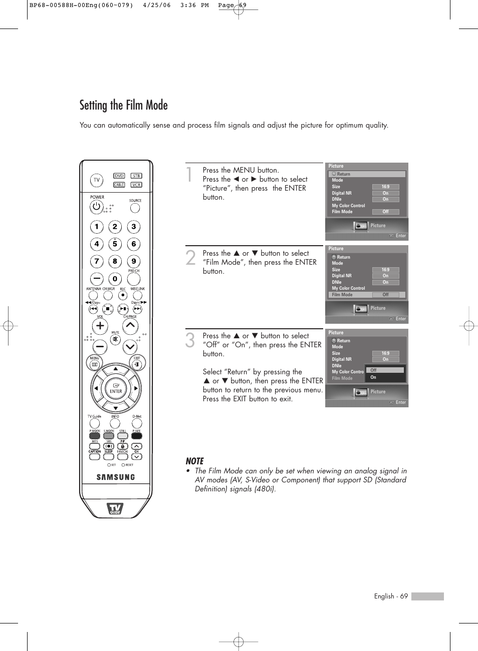 Setting the film mode | Samsung HL-S6188W User Manual | Page 69 / 160