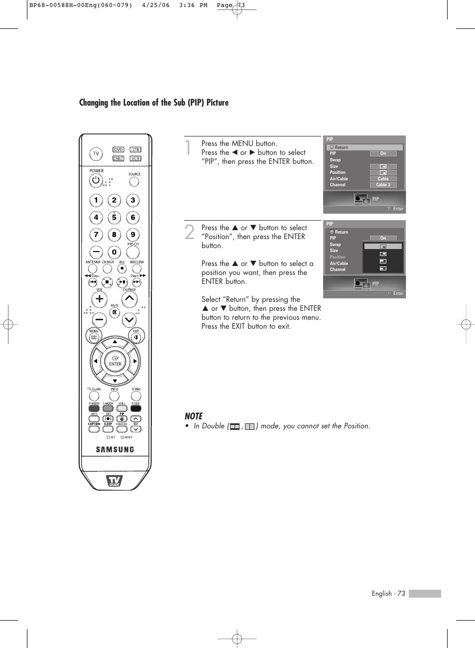 Changing the location of the sub (pip) picture | Samsung HL-S6188W User Manual | Page 73 / 160