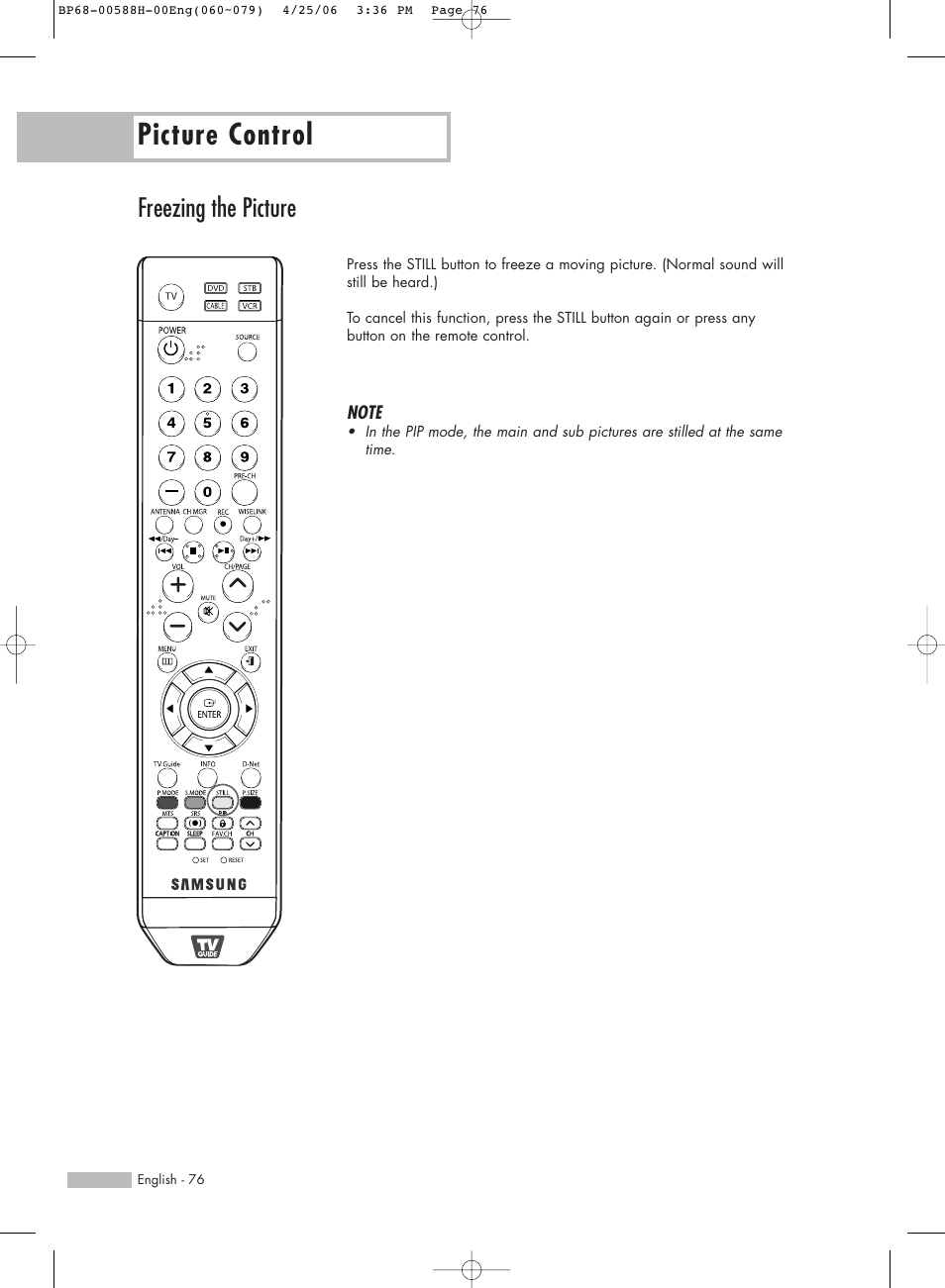 Freezing the picture, Picture control | Samsung HL-S6188W User Manual | Page 76 / 160