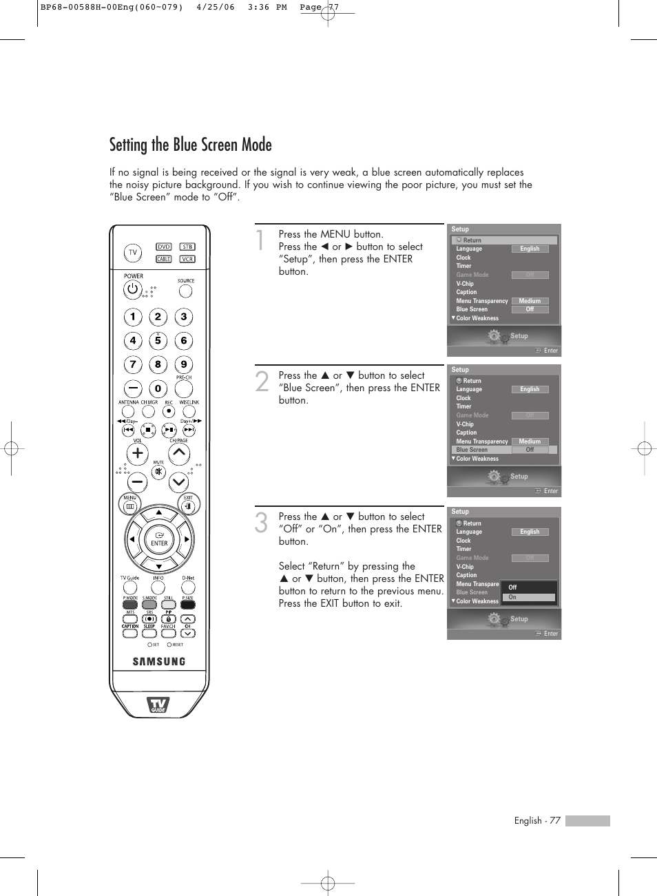 Setting the blue screen mode | Samsung HL-S6188W User Manual | Page 77 / 160
