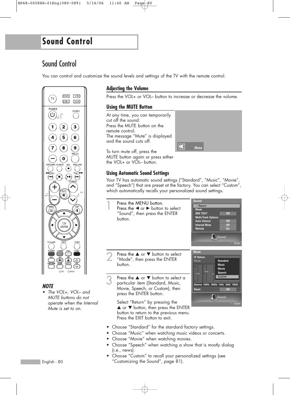 Sound control, Adjusting the volume, Using the mute button | Using automatic sound settings | Samsung HL-S6188W User Manual | Page 80 / 160