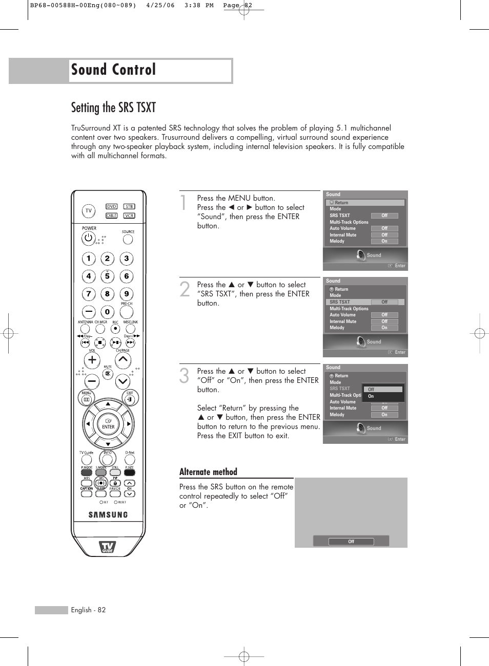 Setting the srs tsxt, Sound control, Alternate method | Samsung HL-S6188W User Manual | Page 82 / 160
