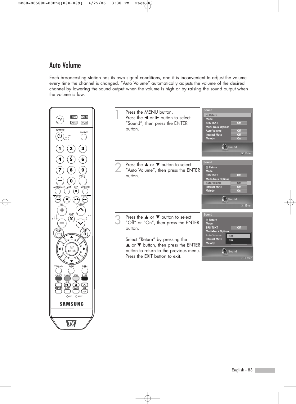 Auto volume | Samsung HL-S6188W User Manual | Page 83 / 160