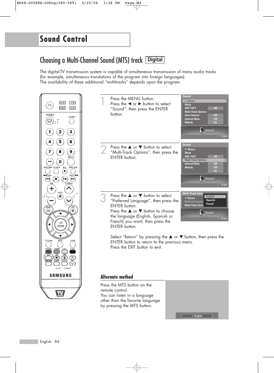 Choosing a multi-channel sound (mts) track, Sound control, Digital | Alternate method | Samsung HL-S6188W User Manual | Page 84 / 160