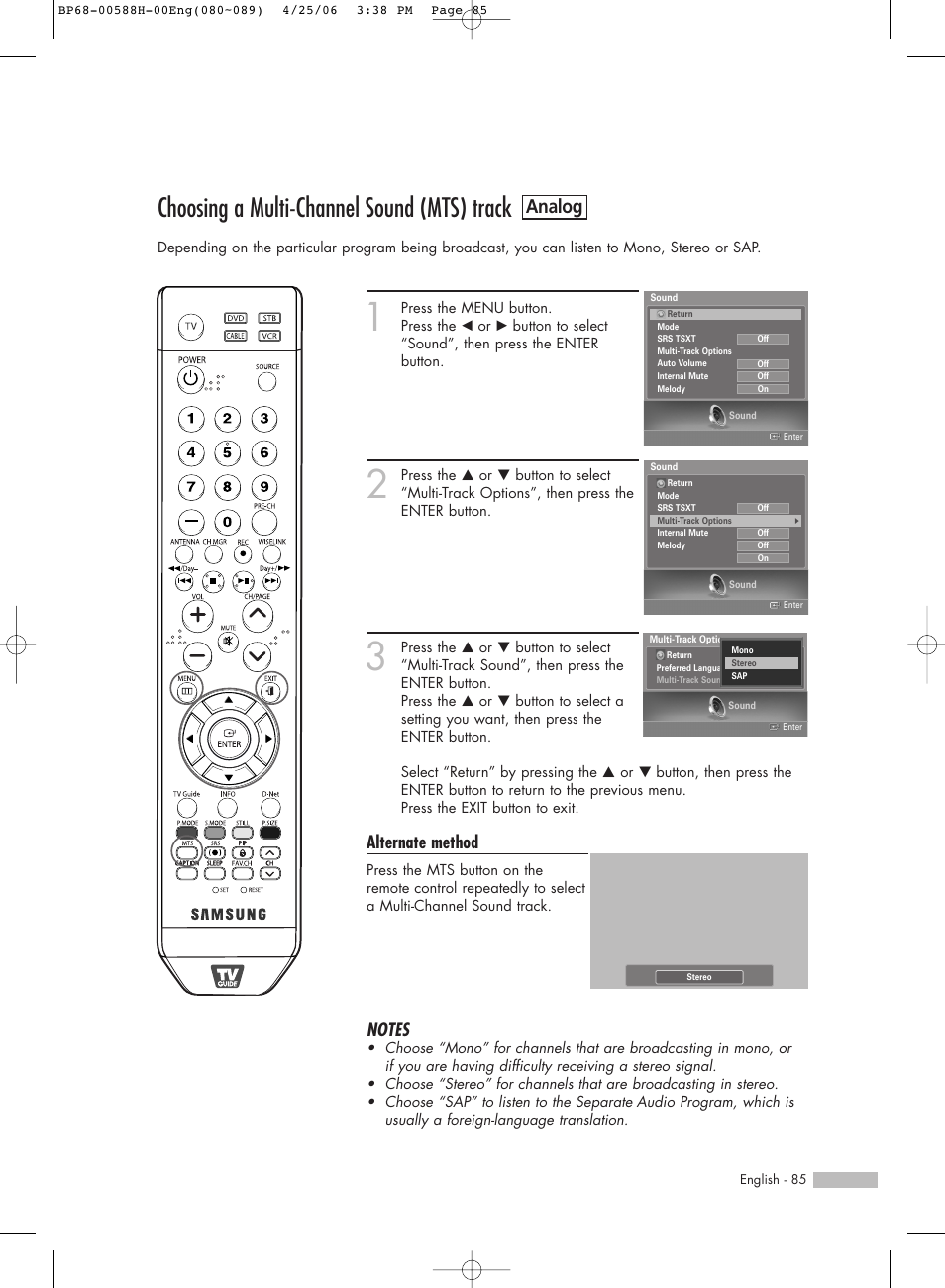 Choosing a multi-channel sound (mts) track, Analog, Alternate method | Samsung HL-S6188W User Manual | Page 85 / 160