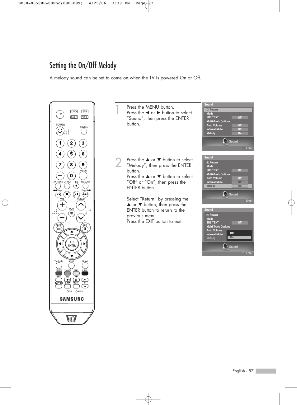 Setting the on/off melody | Samsung HL-S6188W User Manual | Page 87 / 160