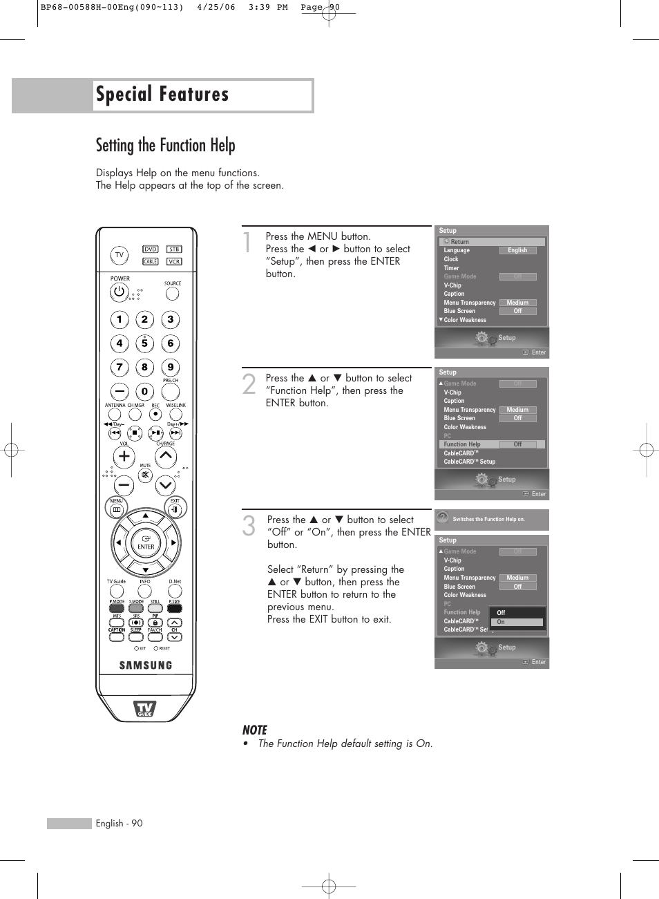 Setting the function help, Special features | Samsung HL-S6188W User Manual | Page 90 / 160