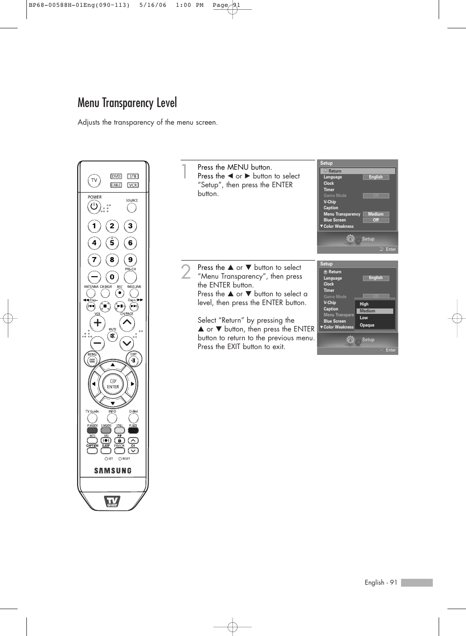 Menu transparency level | Samsung HL-S6188W User Manual | Page 91 / 160