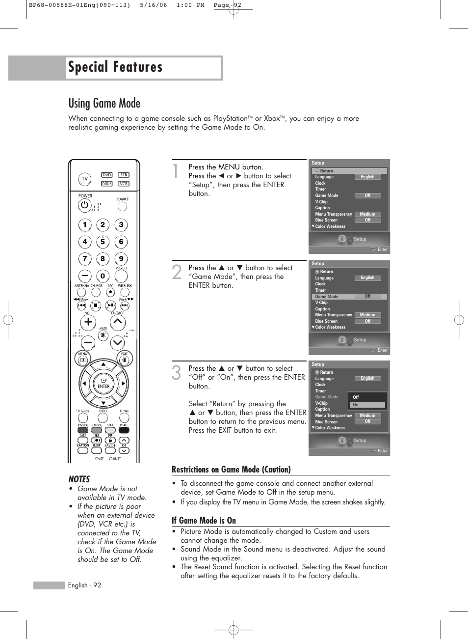 Using game mode, Special features, Restrictions on game mode (caution) | If game mode is on | Samsung HL-S6188W User Manual | Page 92 / 160