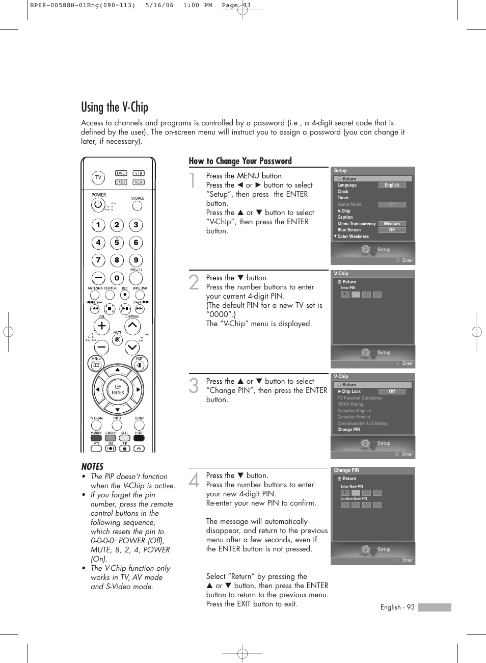 Using the v-chip, How to change your password | Samsung HL-S6188W User Manual | Page 93 / 160