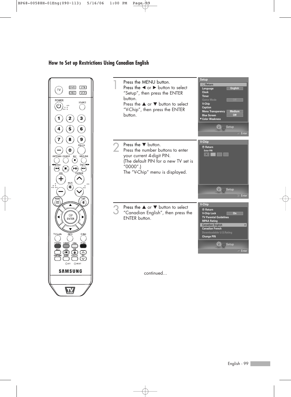 How to set up restrictions using canadian english | Samsung HL-S6188W User Manual | Page 99 / 160