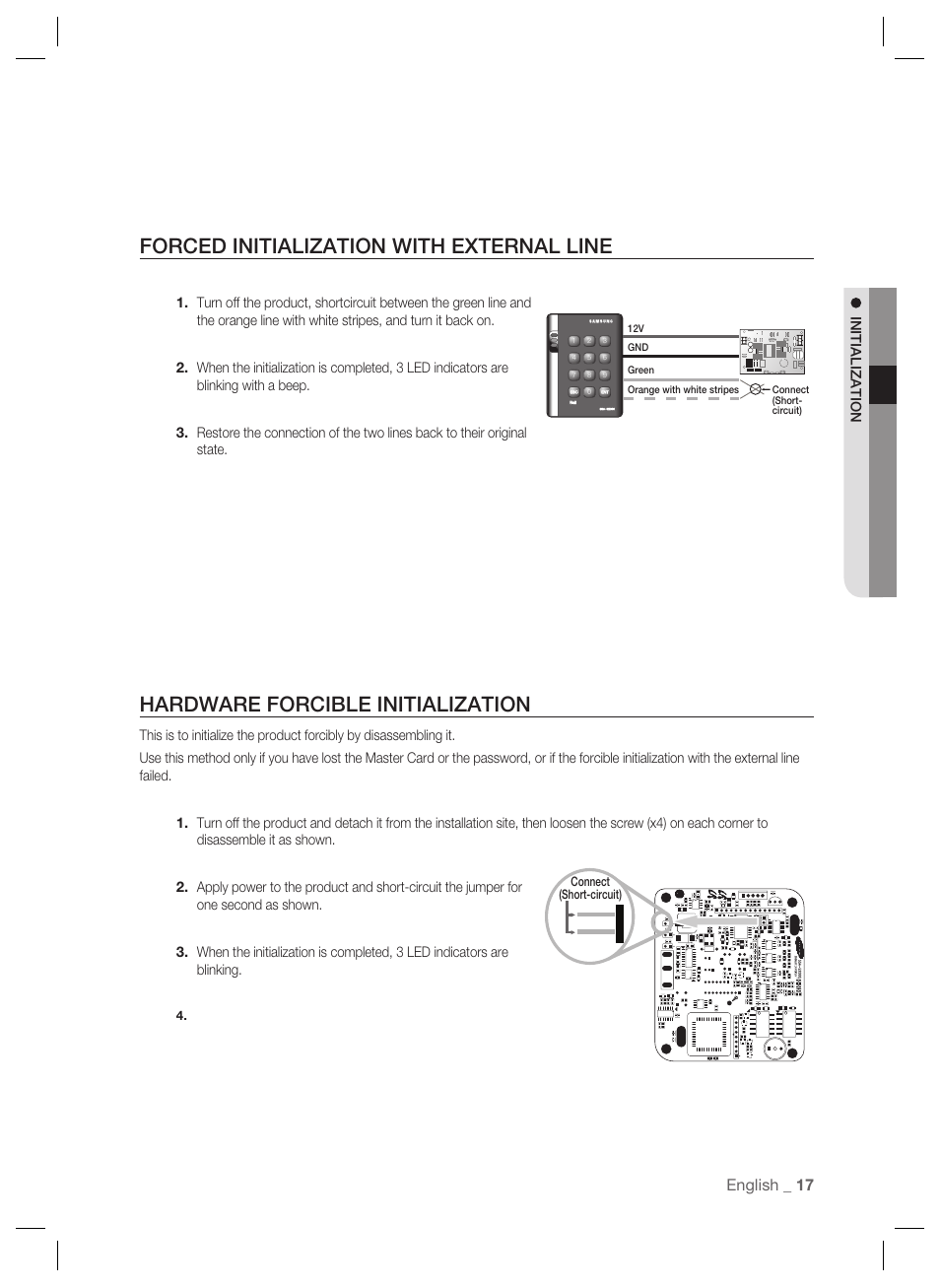 Forced initialization with external line, Hardware forcible initialization, English _ 17 | Samsung SSA-S2000 User Manual | Page 17 / 51