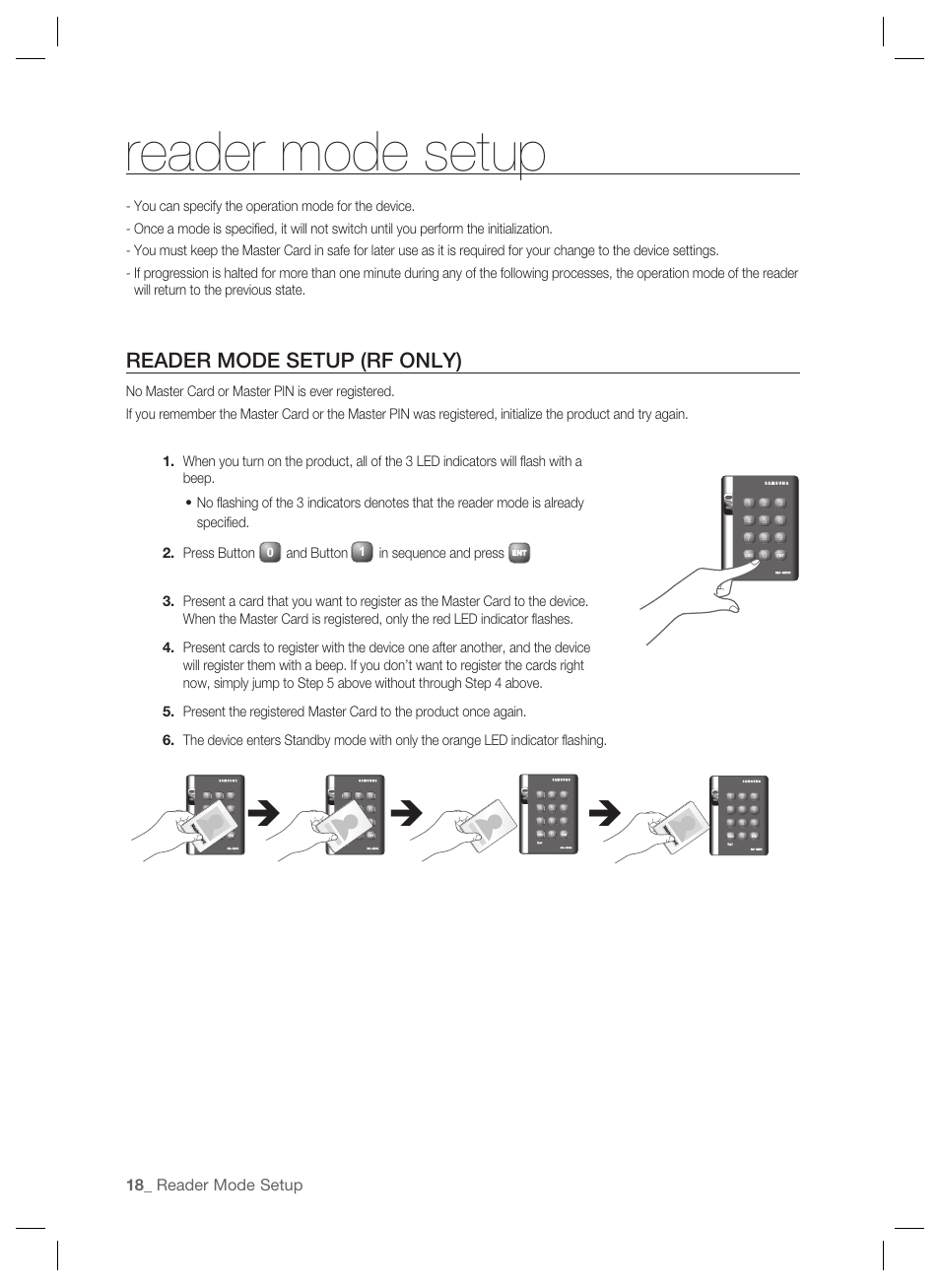 Reader mode setup (rf only), Reader mode setup, And button | Samsung SSA-S2000 User Manual | Page 18 / 51