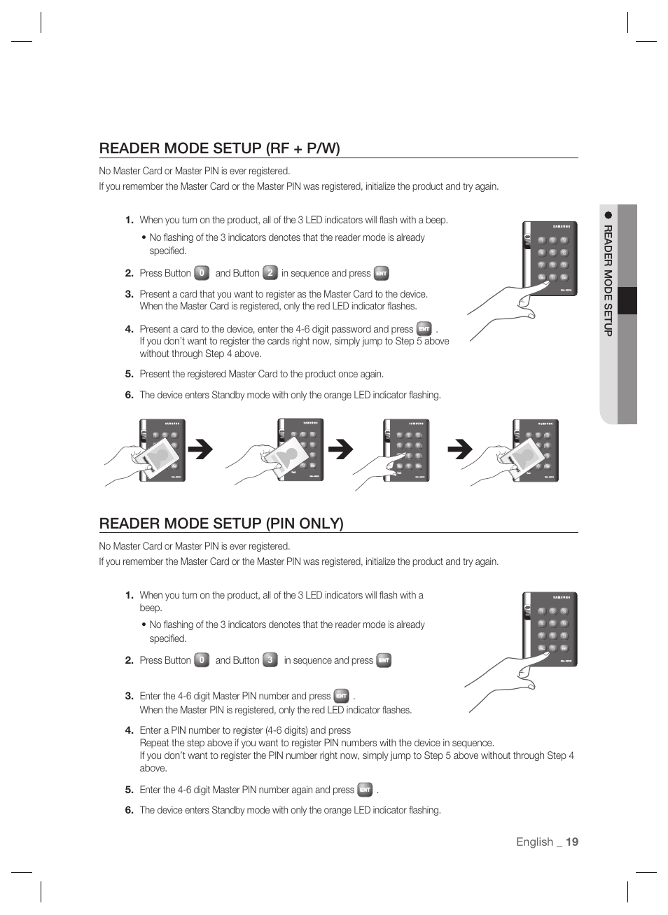 Reader mode setup (rf + p/w), Reader mode setup (pin only), English _ 19 | Reader mode setup, And button, Enter the 4-6 digit master pin number and press | Samsung SSA-S2000 User Manual | Page 19 / 51