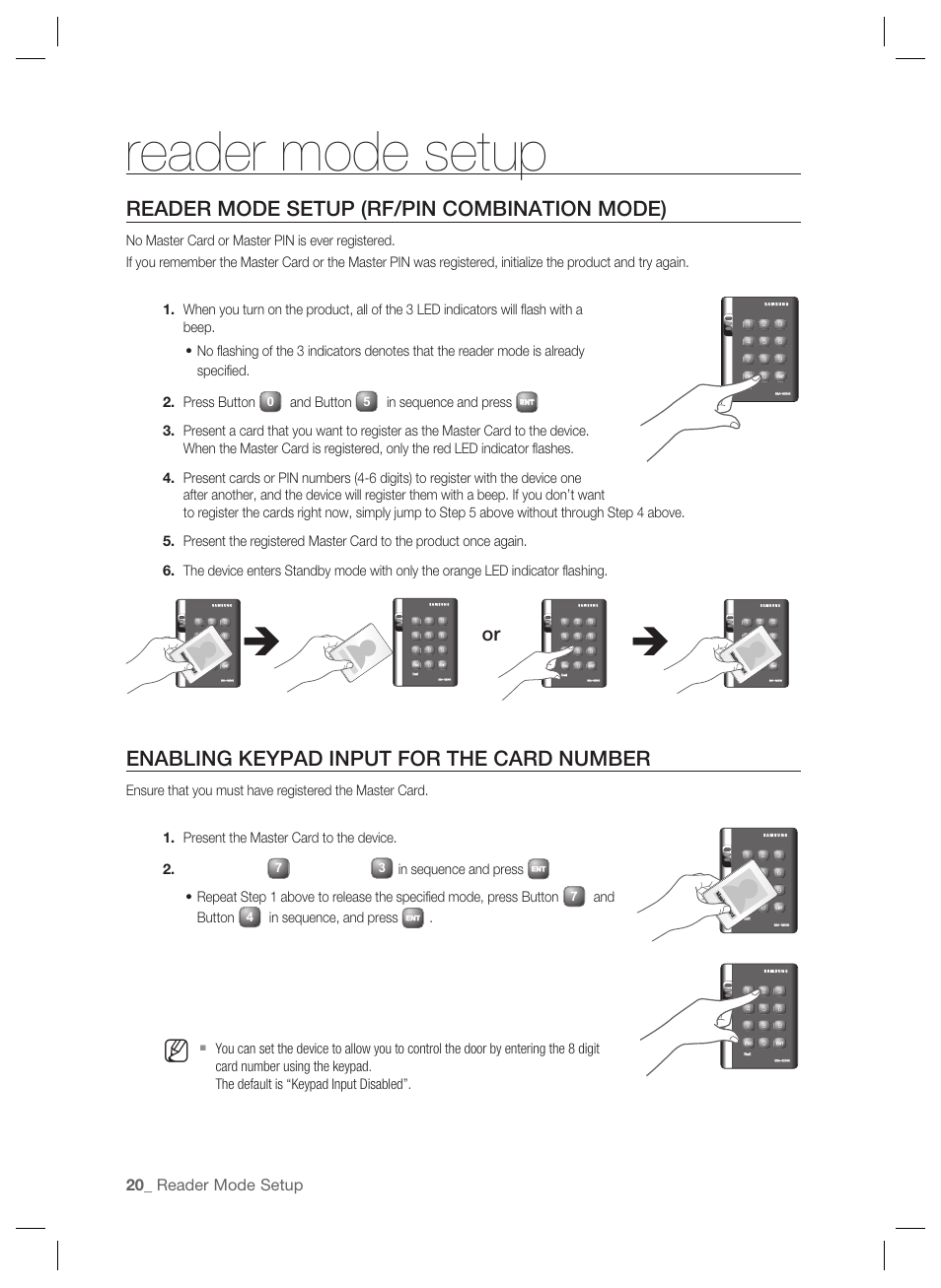 Reader mode setup (rf/pin combination mode), Enabling keypad input for the card number, Reader mode setup | And button | Samsung SSA-S2000 User Manual | Page 20 / 51