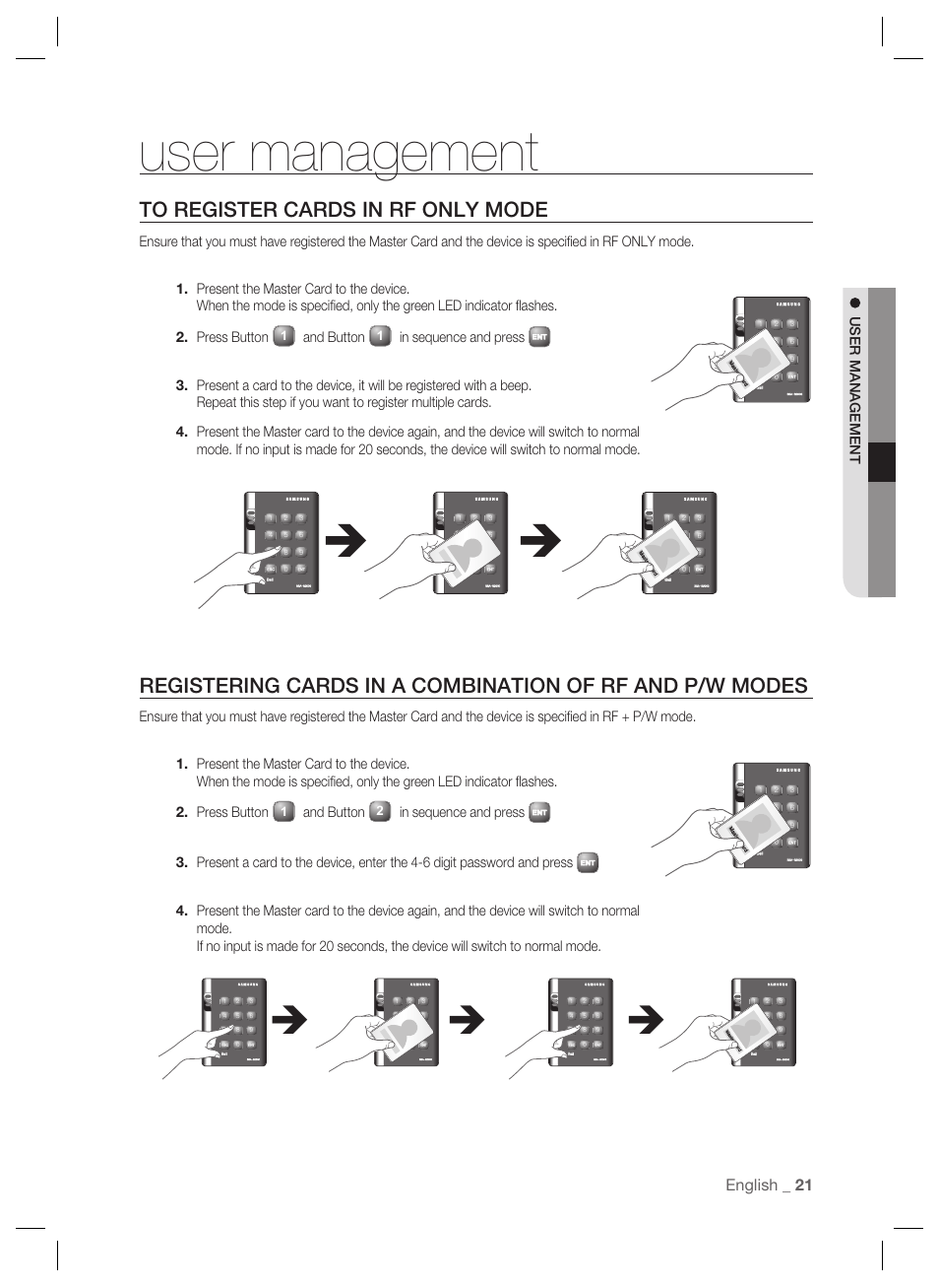 English _ 21, User management, And button | Samsung SSA-S2000 User Manual | Page 21 / 51