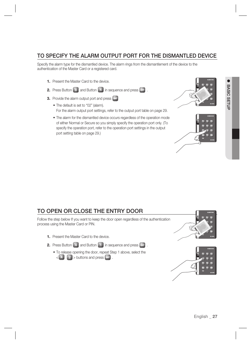 English _ 27, Basic setup, And button | Provide the alarm output port and press, Buttons and press | Samsung SSA-S2000 User Manual | Page 27 / 51