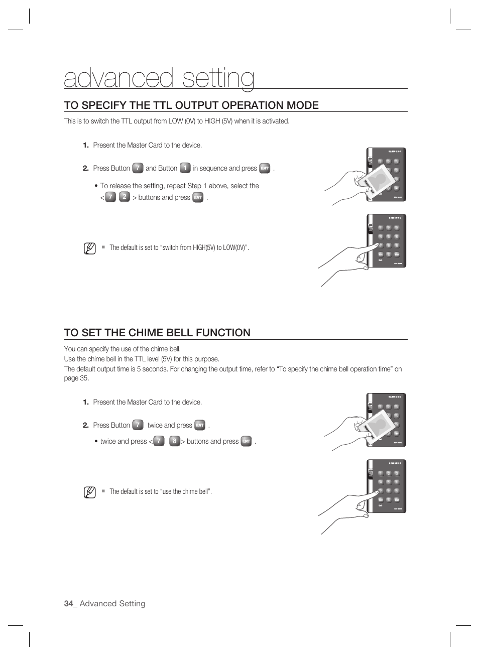 Advanced setting, And button, Buttons and press | Twice and press, The default is set to “use the chime bell”. 1. 2 | Samsung SSA-S2000 User Manual | Page 34 / 51