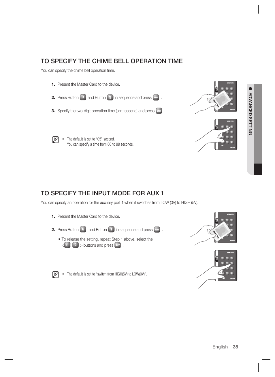 English _ 35, Advanced setting, And button | Buttons and press | Samsung SSA-S2000 User Manual | Page 35 / 51