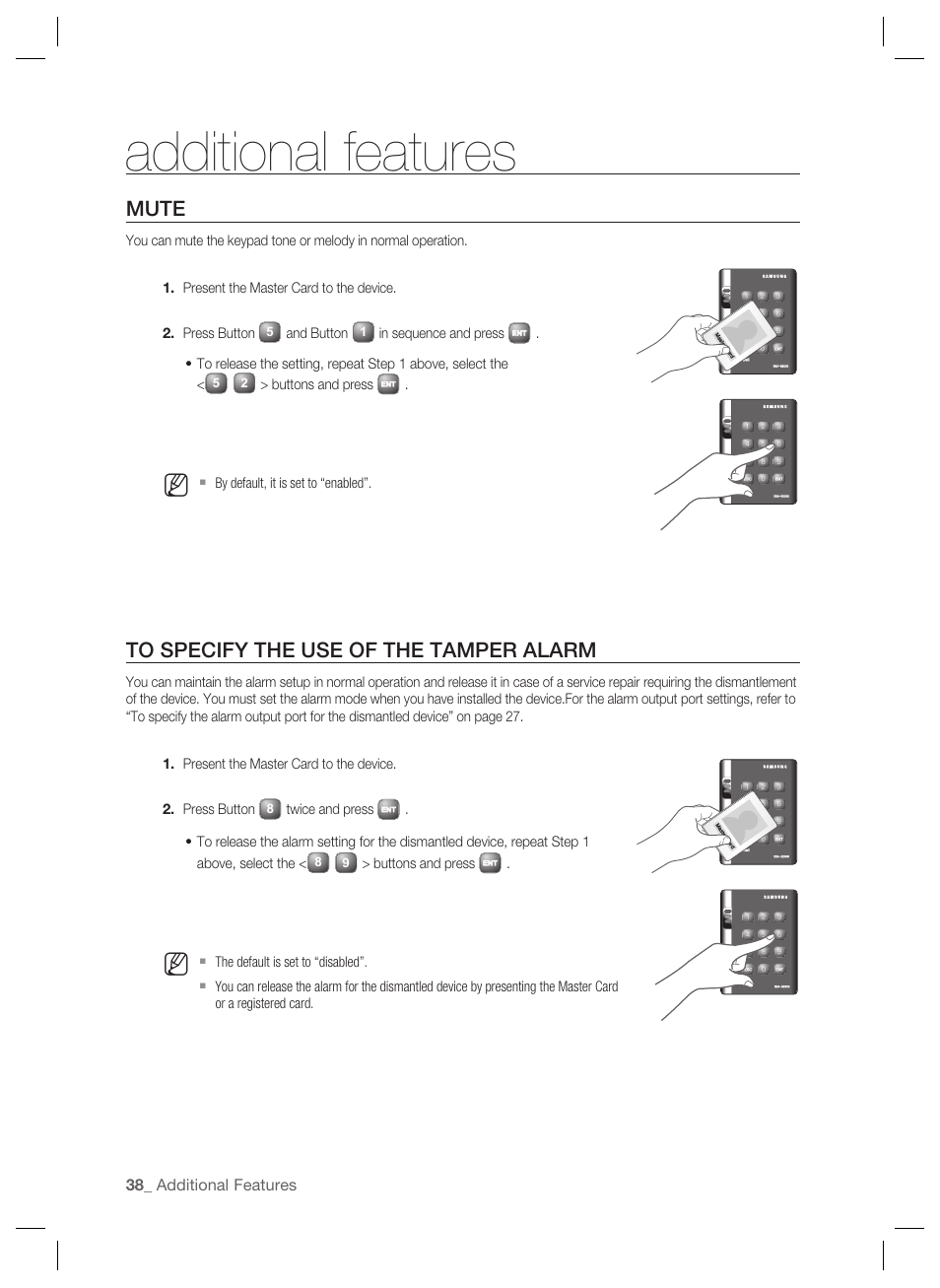 Mute, Additional features, And button | Buttons and press, By default, it is set to “enabled, Twice and press | Samsung SSA-S2000 User Manual | Page 38 / 51