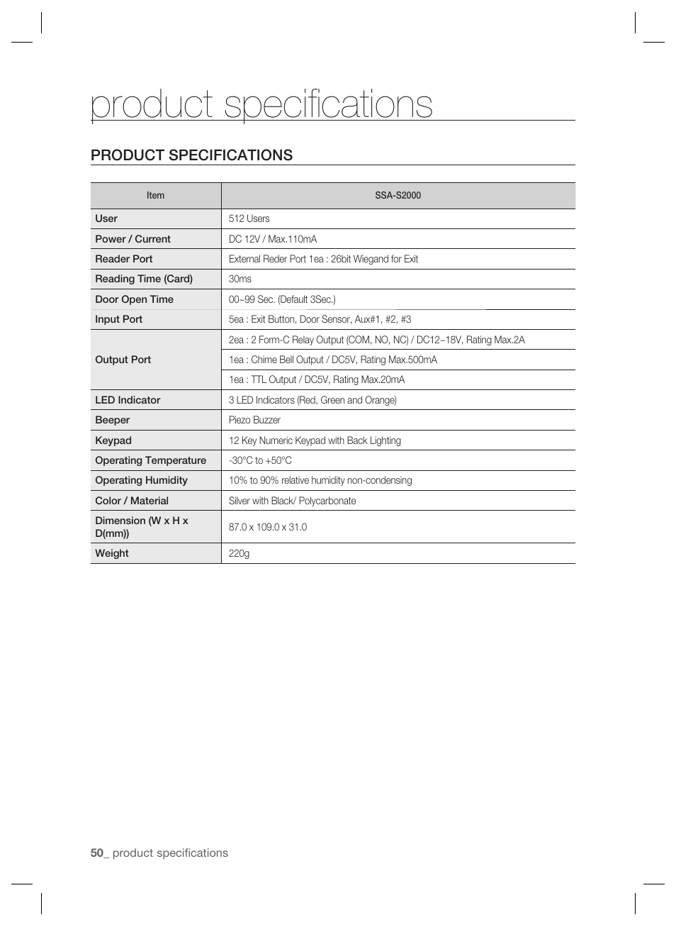 Product speciﬁ cations, Product specifications | Samsung SSA-S2000 User Manual | Page 50 / 51