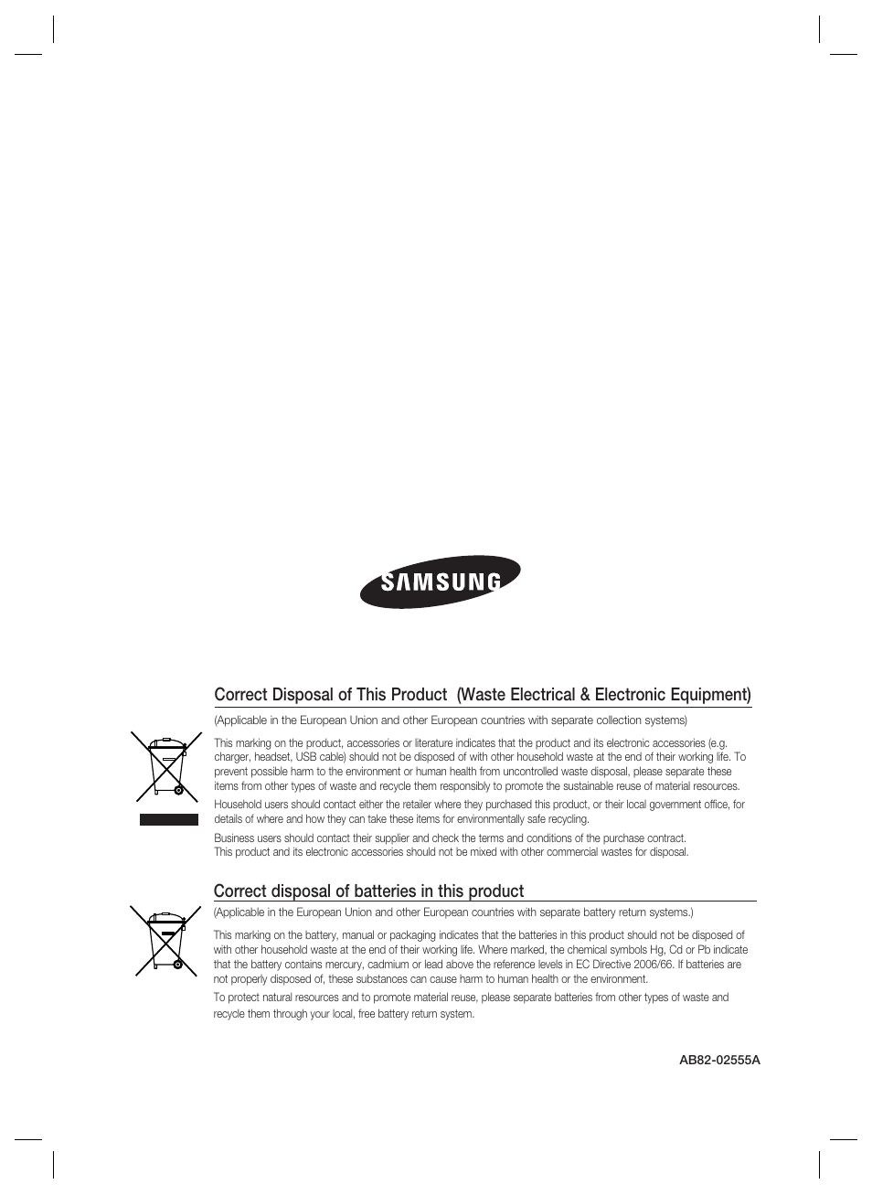 Correct disposal of batteries in this product | Samsung SSA-S2000 User Manual | Page 51 / 51