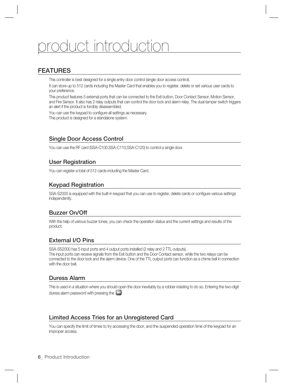 Product introduction, Features | Samsung SSA-S2000 User Manual | Page 6 / 51