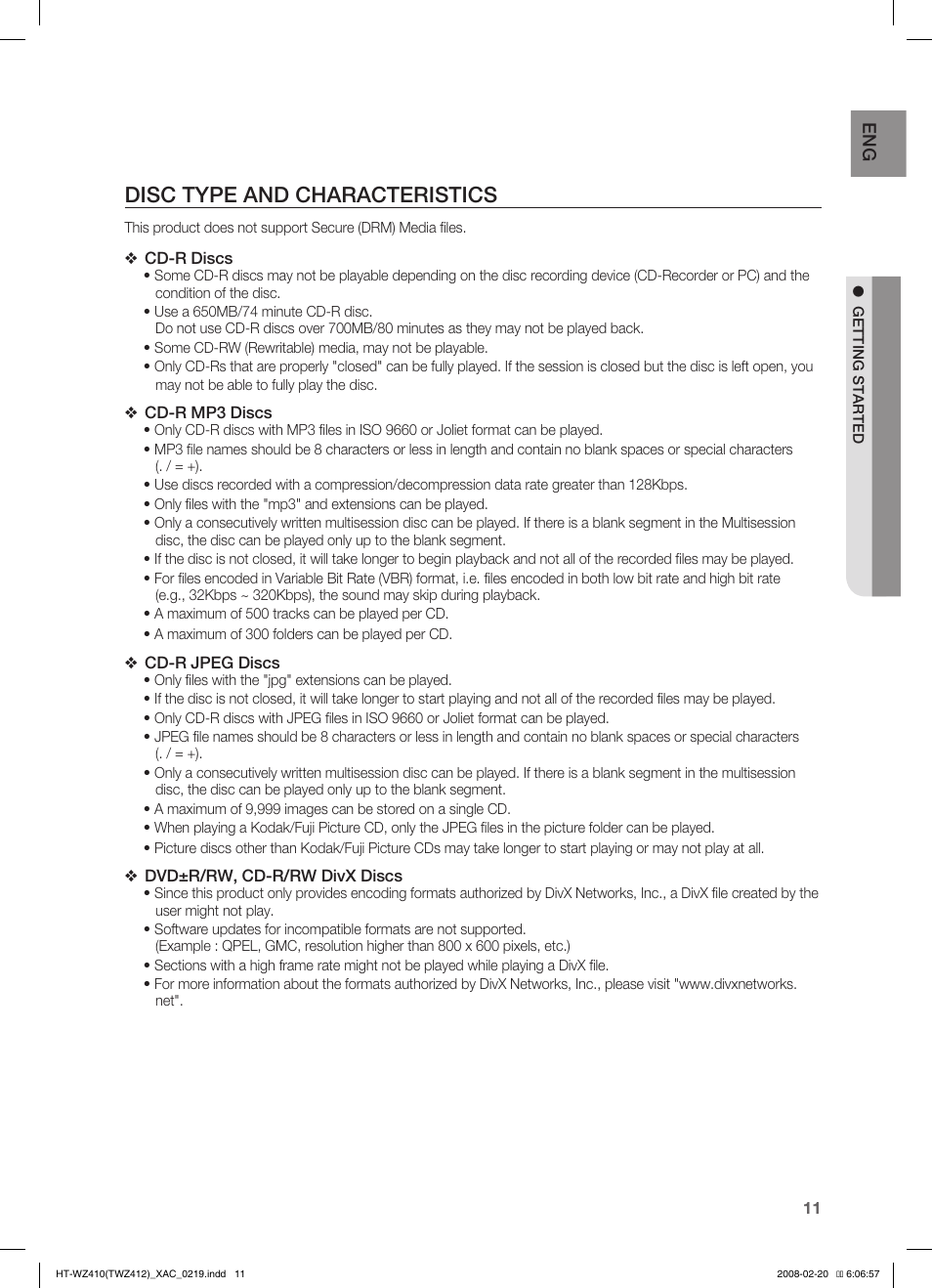 Disc type and characteristics | Samsung HT-TWZ412T User Manual | Page 12 / 74