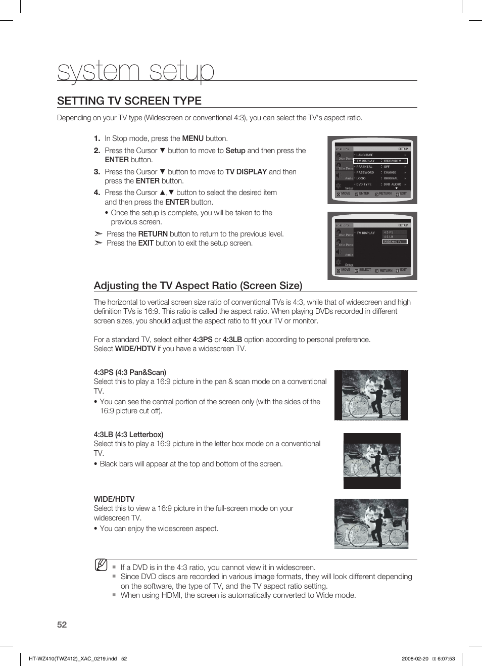 System setup, Setting tv screen type, Adjusting the tv aspect ratio (screen size) | Samsung HT-TWZ412T User Manual | Page 53 / 74