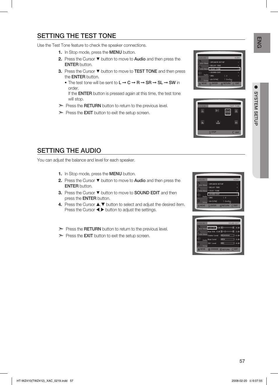 Seting the audio, Setting the test tone, Setting the audio | Samsung HT-TWZ412T User Manual | Page 58 / 74