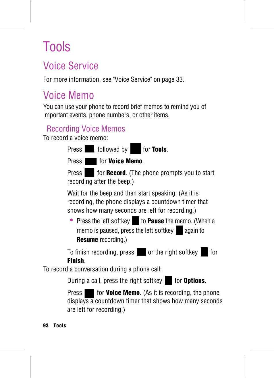 Tools, Voice service, Voice memo | Recording voice memos, Voice service voice memo | Samsung SPH-A920 User Manual | Page 102 / 170