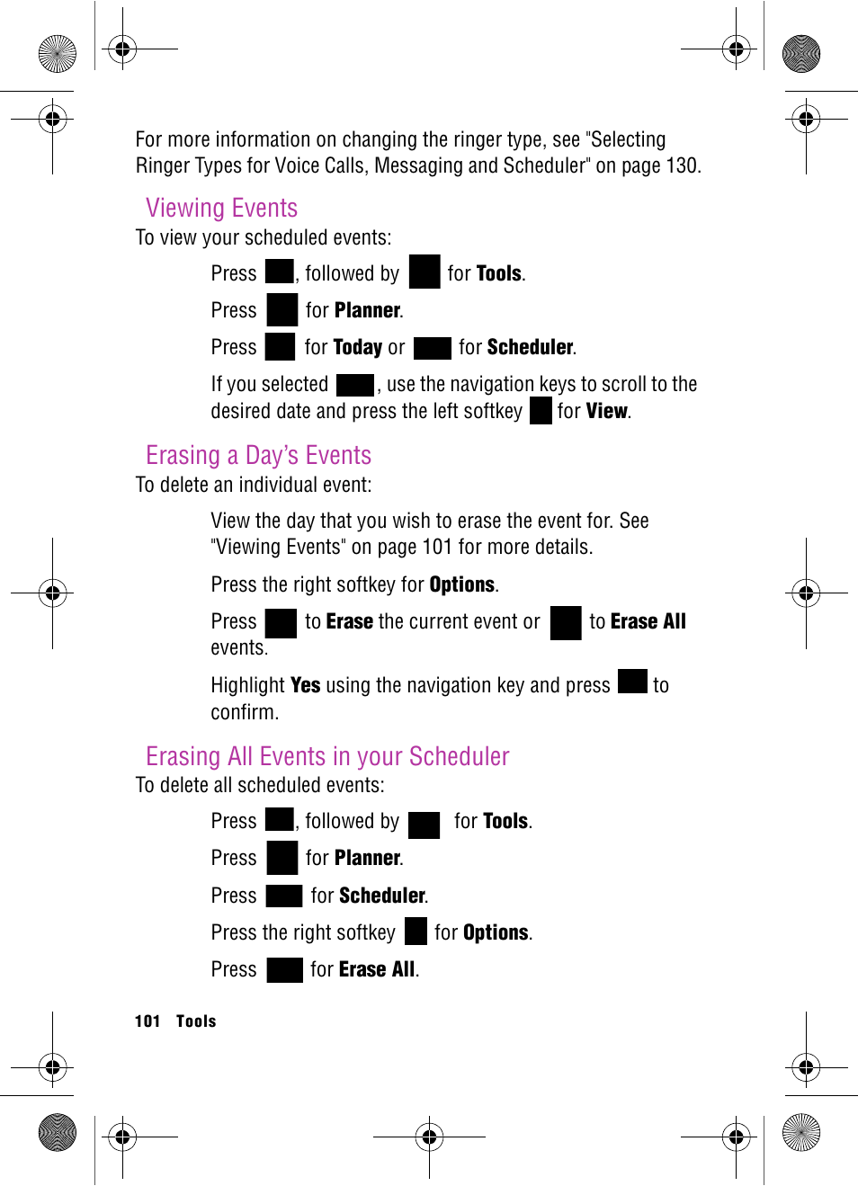 Viewing events, Erasing a day’s events, Erasing all events in your scheduler | Samsung SPH-A920 User Manual | Page 110 / 170