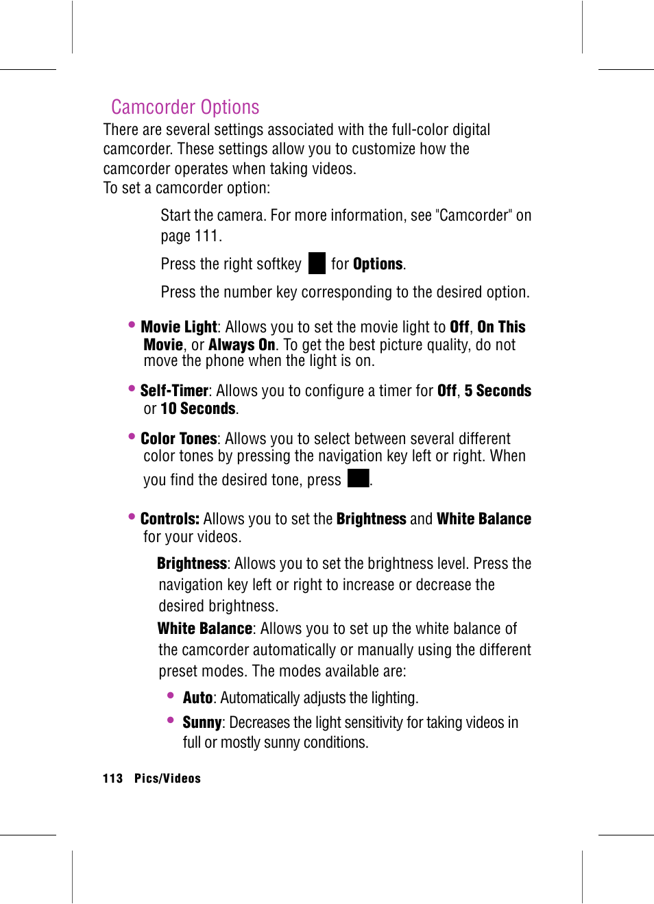 Camcorder options | Samsung SPH-A920 User Manual | Page 122 / 170