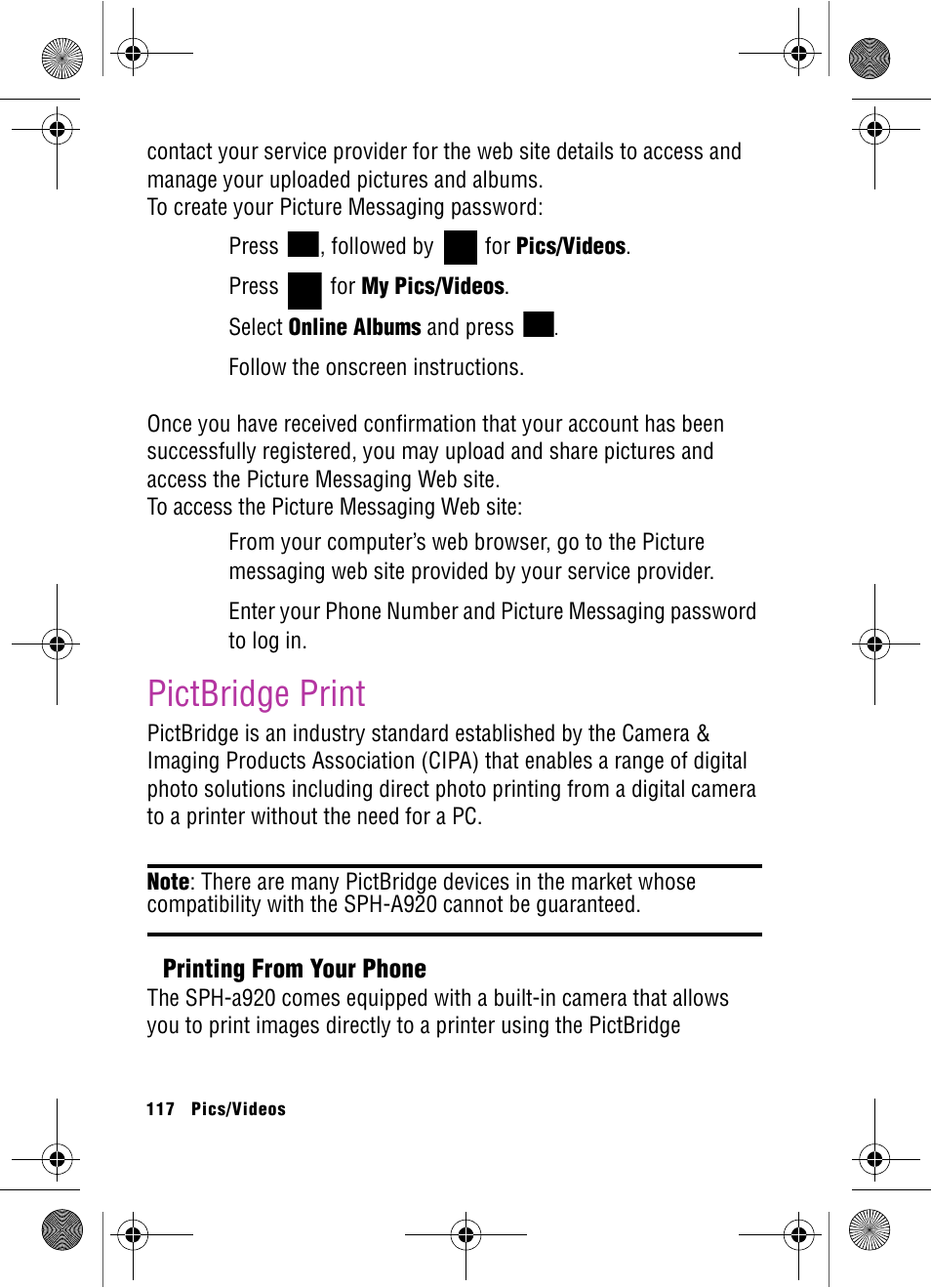 Pictbridge print | Samsung SPH-A920 User Manual | Page 126 / 170
