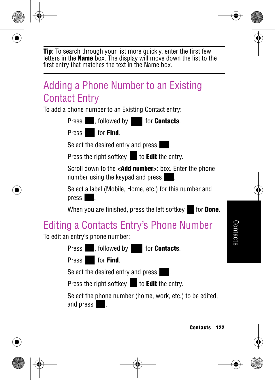 Adding a phone number to an existing contact entry, Editing a contacts entry’s phone number | Samsung SPH-A920 User Manual | Page 131 / 170